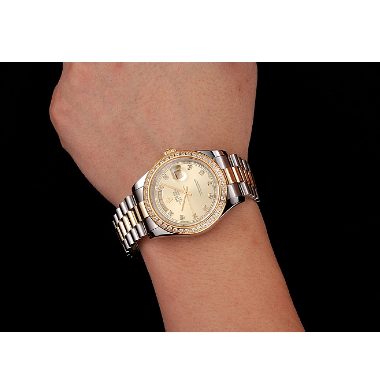 Aaa fake watches Day-Date Swiss Diamond Dial 1453974 Two Gold Tone Bracelet Rolex Stainless Steel Champagne Case 0614